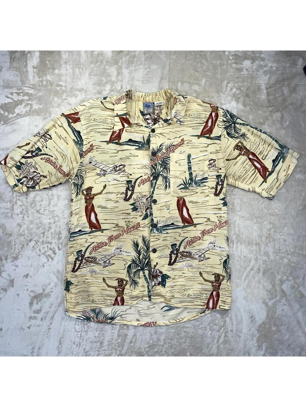 Vintage Gotcha Hawaiian Shirt Mens L Tiki Girls Loop Collar Aloha WW2 Planes Y2K
